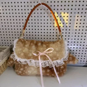 Fashion Sweet Y2k Aesthetic Fluffy Shoulder Bag Patchwork Lace Fashion Fairy Bow Underarm Bag 2026 All Match Purses and Handbags